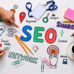 SEO brainstorming workspace with keywords, analytics, social media, content, website, and networking concepts