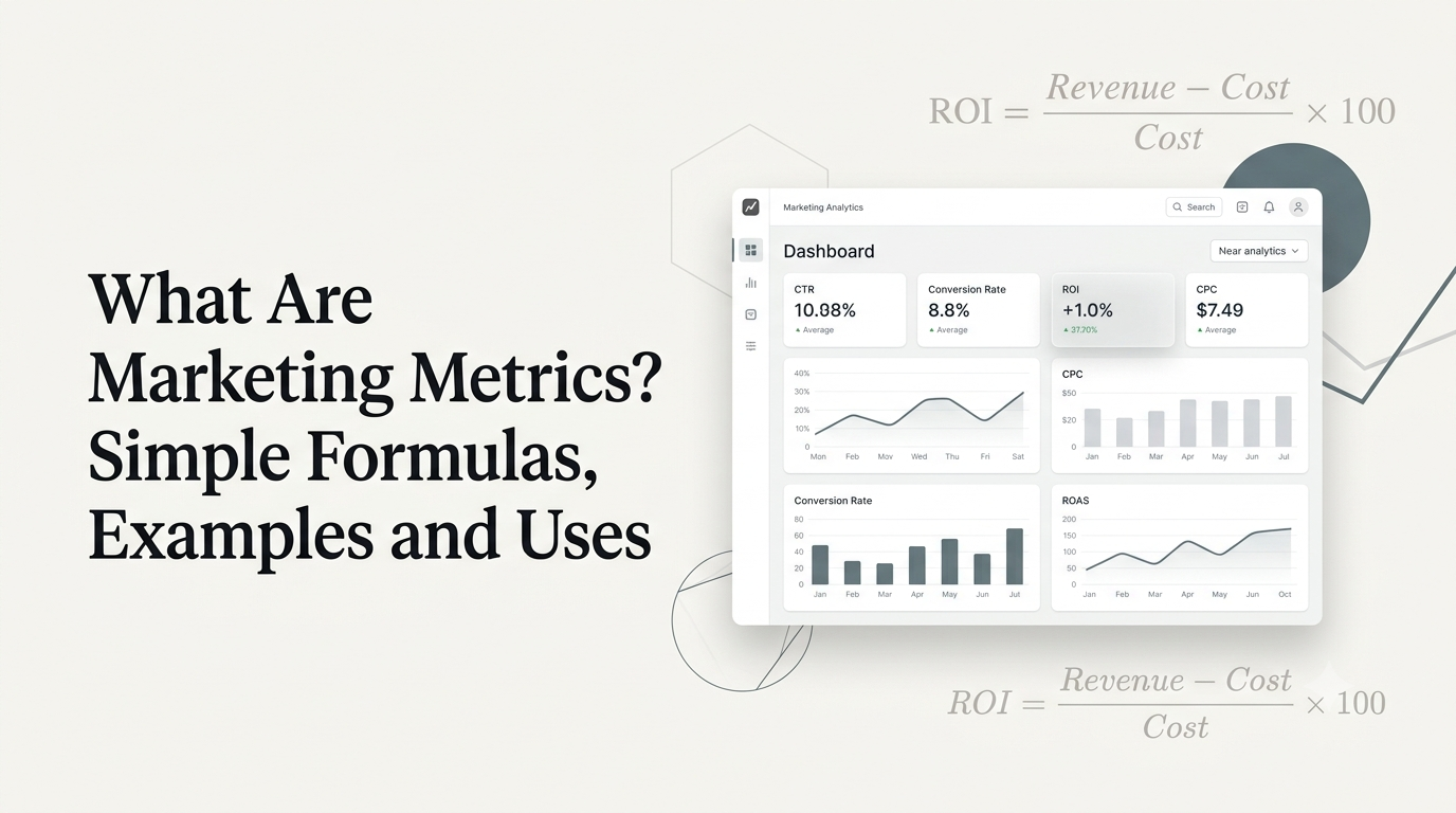 Modern marketing analytics dashboard showing CTR, ROI, and CPC metrics over an abstract geometric background.