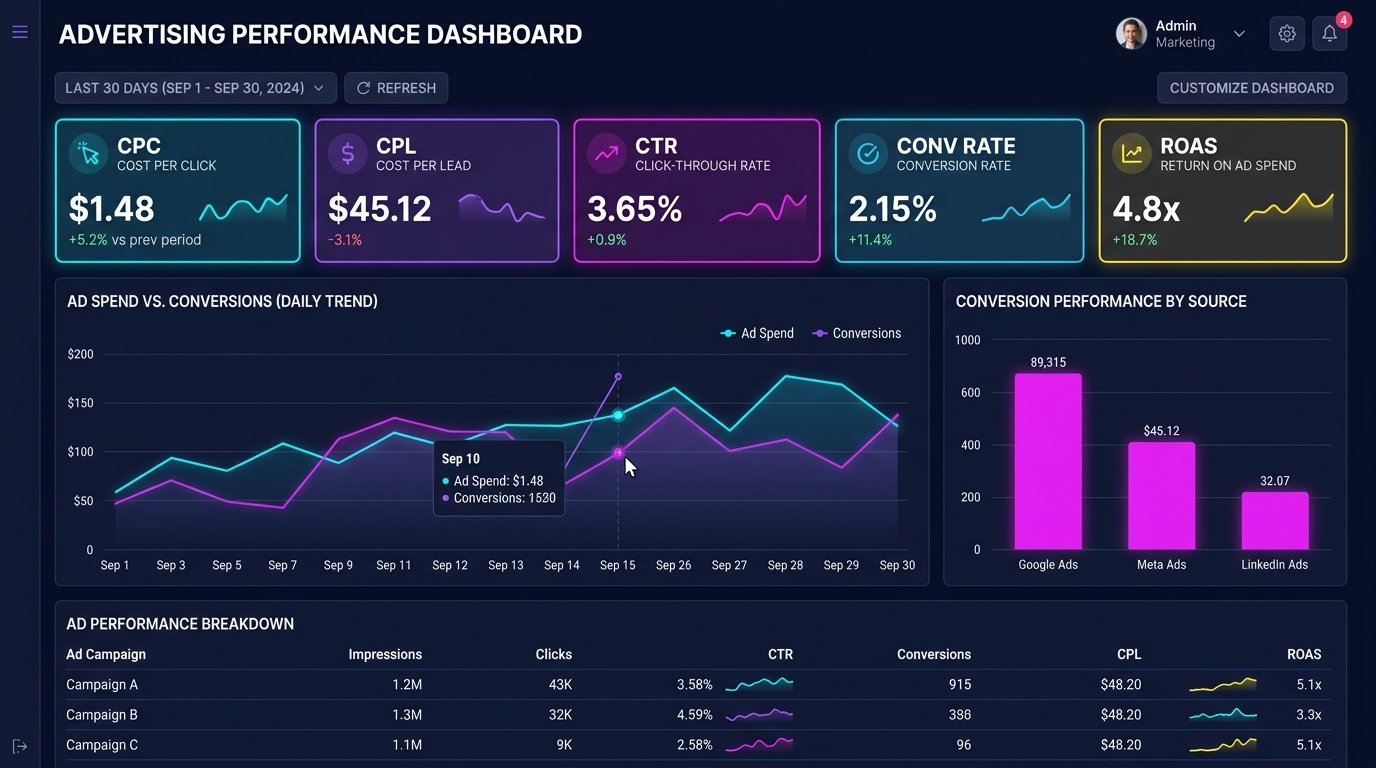 Paid advertising performance dashboard tracking CPC, CPL, CTR, Conversion Rate, and ROAS across campaigns