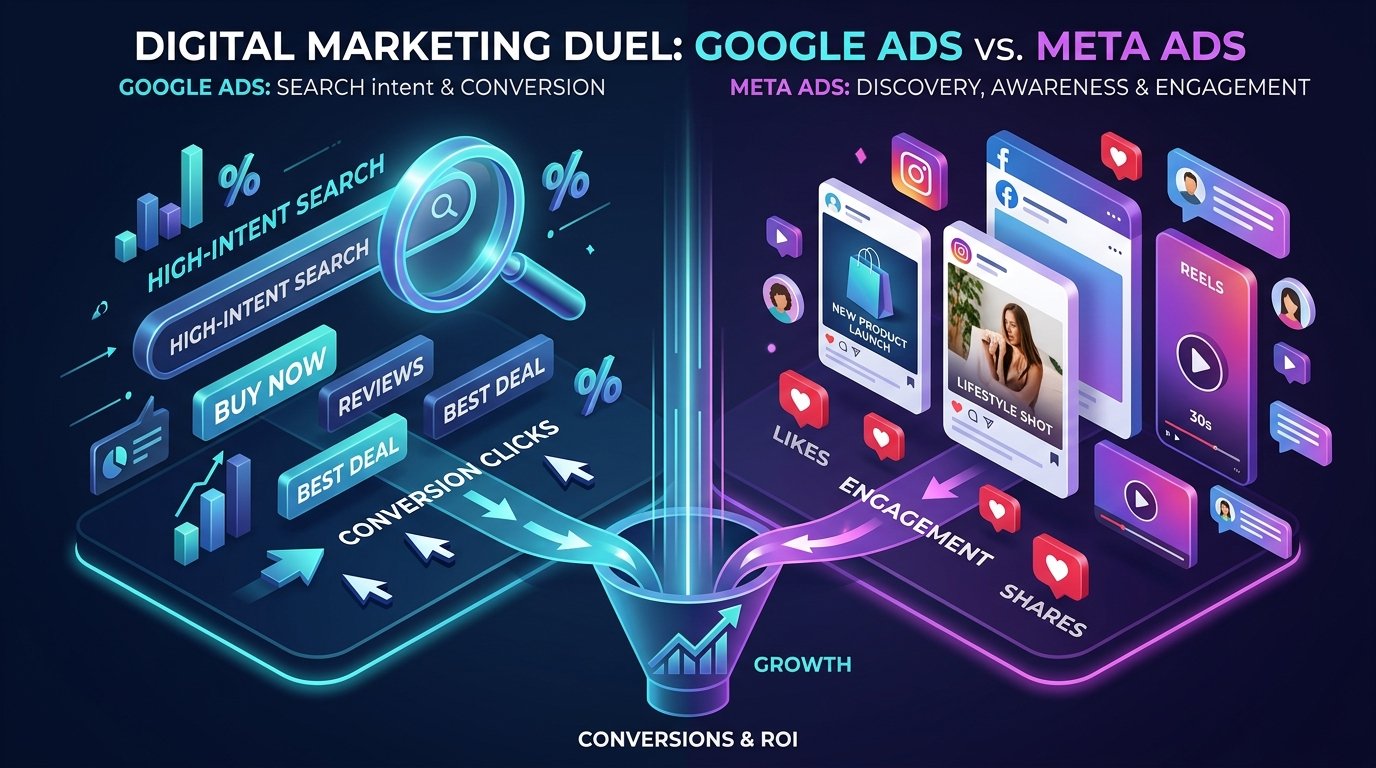 Google Ads vs Meta Ads Performance Marketing Funnel Infographic