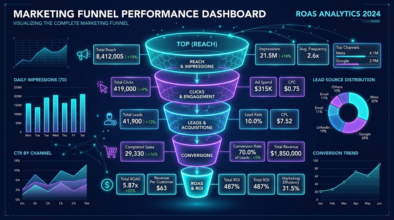 Marketing metrics performance dashboard visualizing the complete marketing funnel from reach and impressions to conversions and ROAS