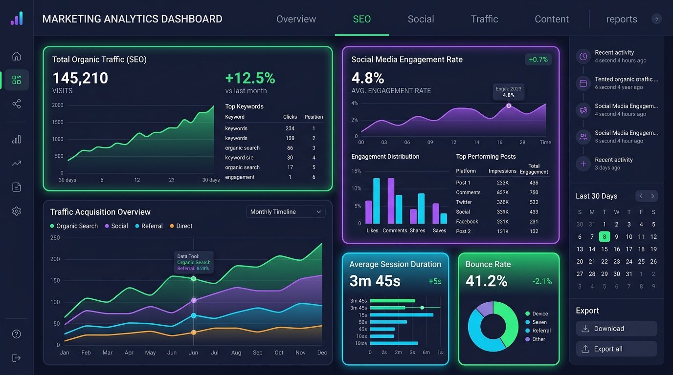 Multi-channel analytics dashboard tracking organic search traffic, social engagement rate, session duration, and bounce rate
