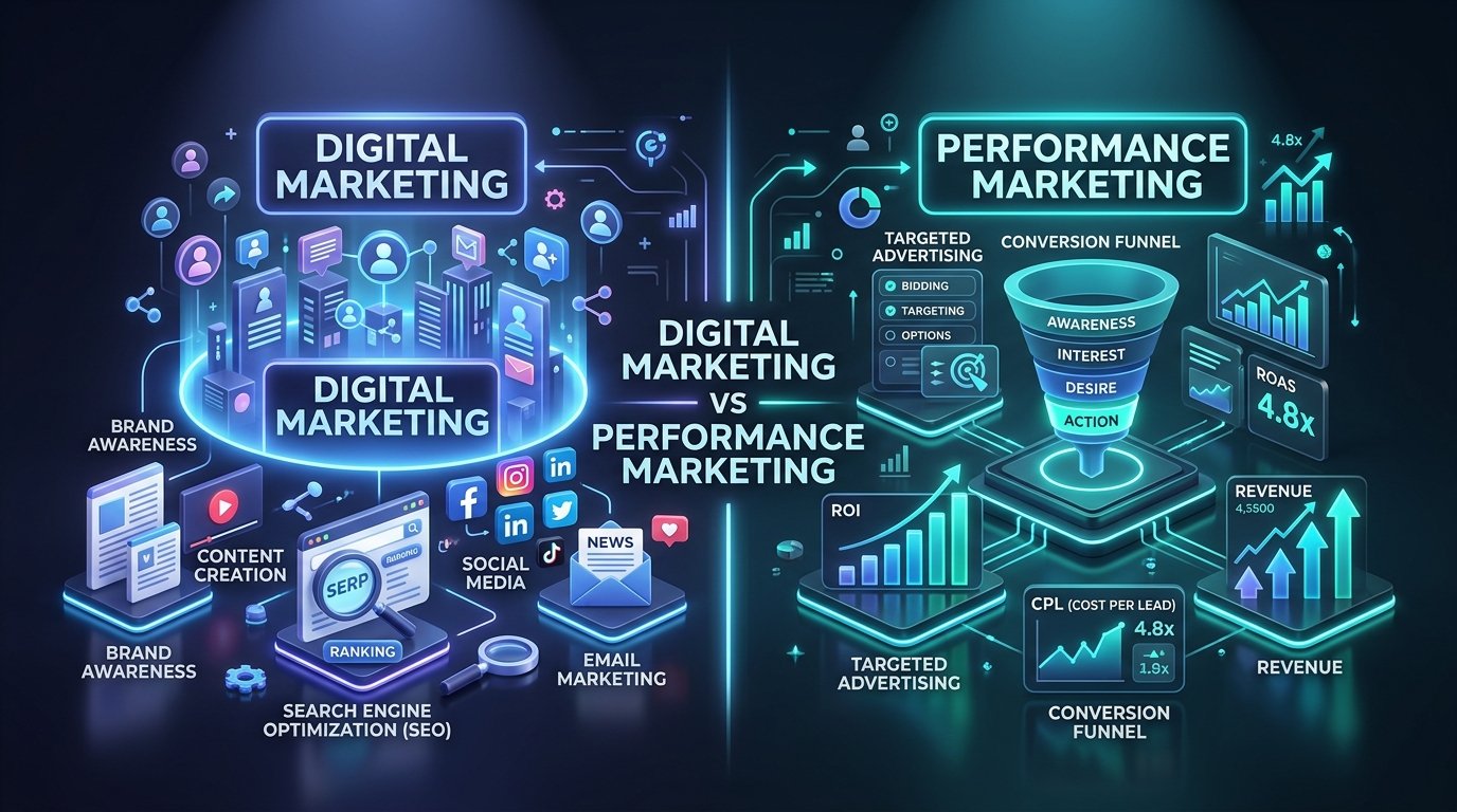 Digital Marketing vs Performance Marketing comparison showing brand awareness channels vs conversion funnels and ROAS