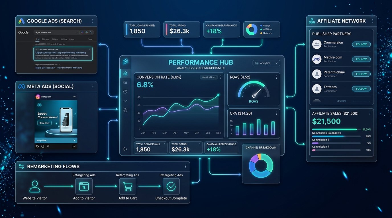 Performance marketing dashboard highlighting Google Ads, Meta Ads, Remarketing, and ROAS KPI tracking