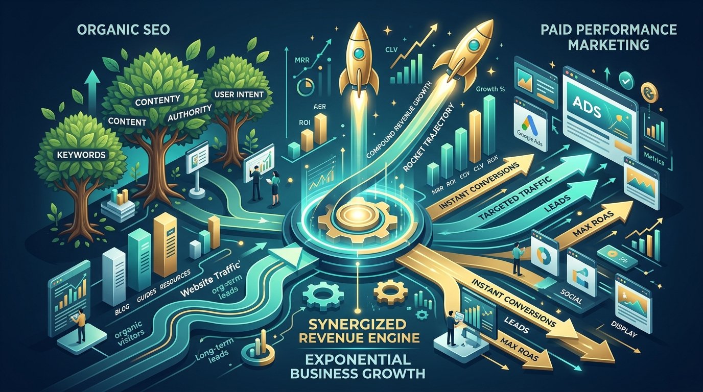 Synergized revenue engine combining organic SEO traffic with paid performance marketing acceleration