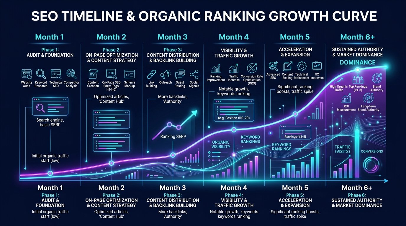 SEO timeline and organic ranking growth curve across 6+ months