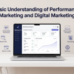 Blog header banner titled 'Basic Understanding of Performance Marketing and Digital Marketing' featuring a laptop with a marketing analytics dashboard on a clean desk