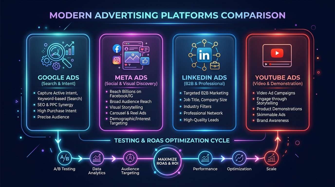 Modern advertising platforms comparison across Google Ads, Meta Ads, LinkedIn Ads, and YouTube Ads