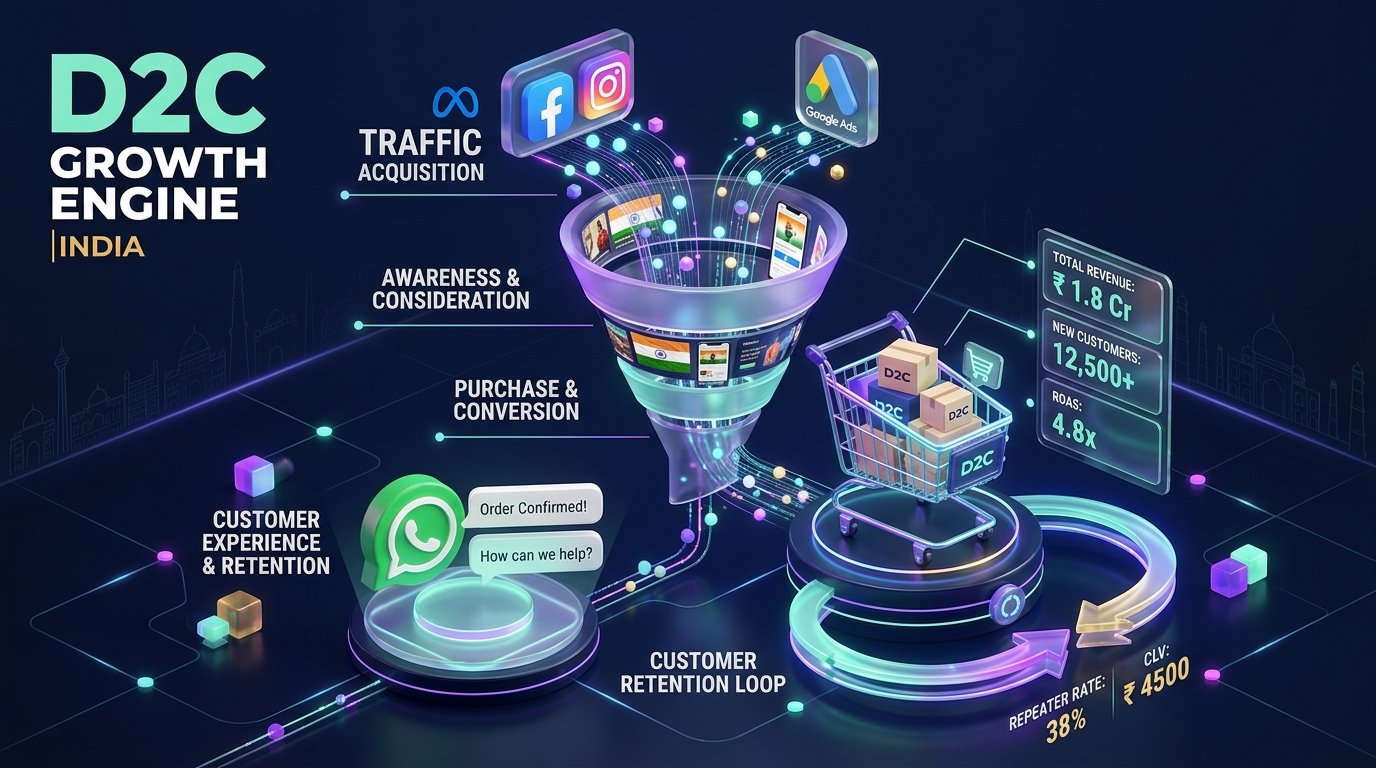 D2C growth engine funnel in India showing traffic acquisition from Meta and Google Ads converting into sales and WhatsApp retention