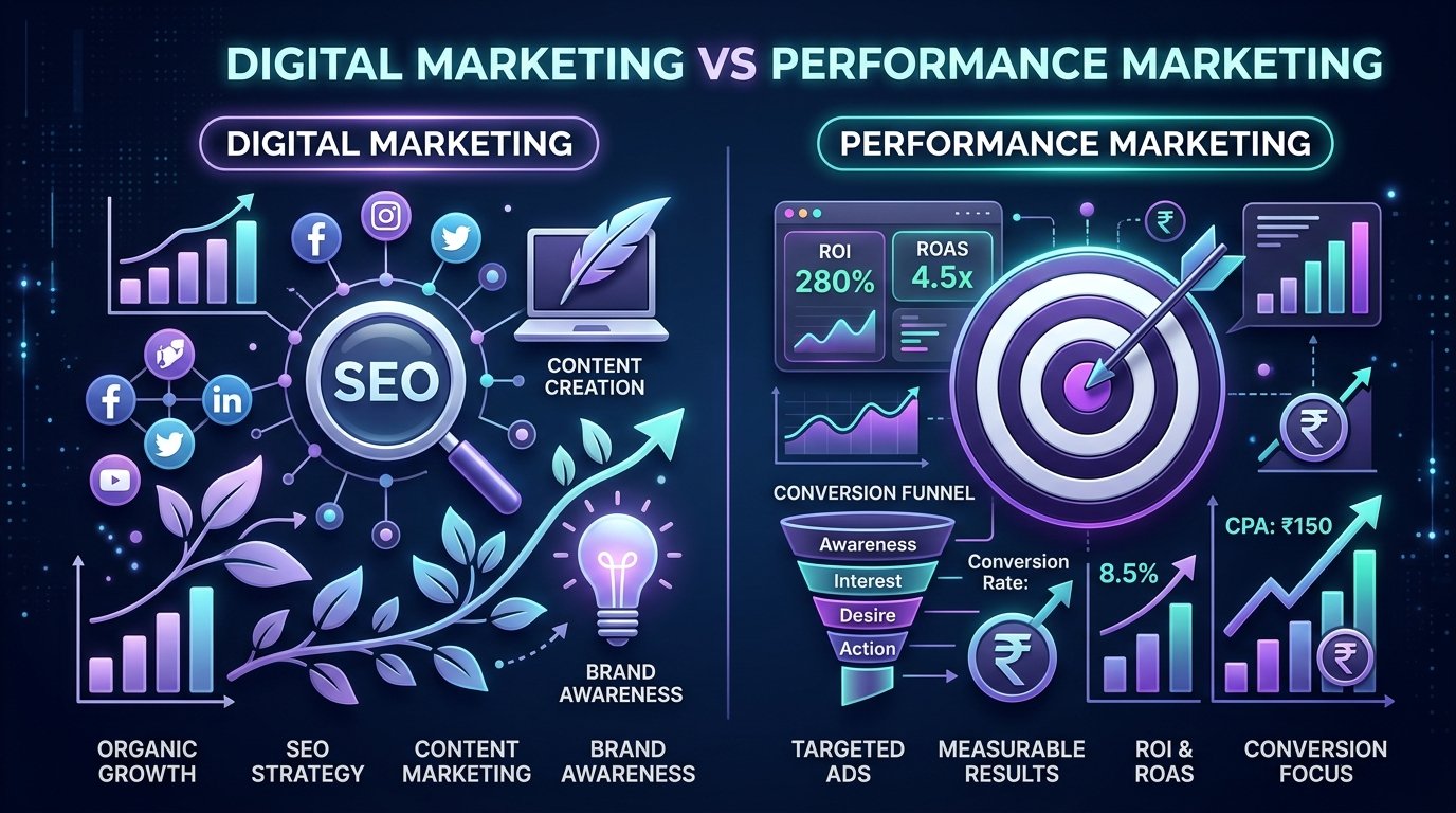 Digital Marketing vs Performance Marketing infographic showing organic growth channels vs paid conversion metrics and ROAS