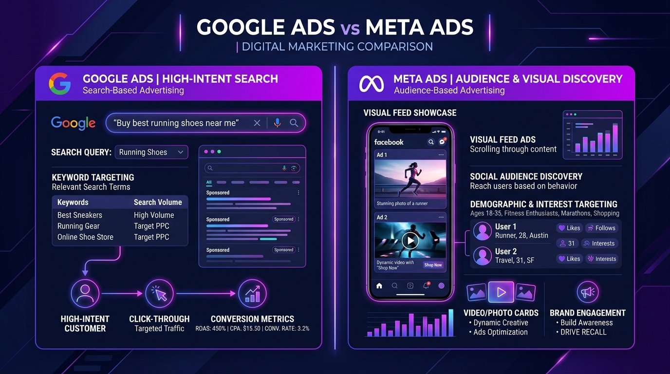 Google Ads vs Meta Ads comparison - Search Intent vs Audience Visual Discovery