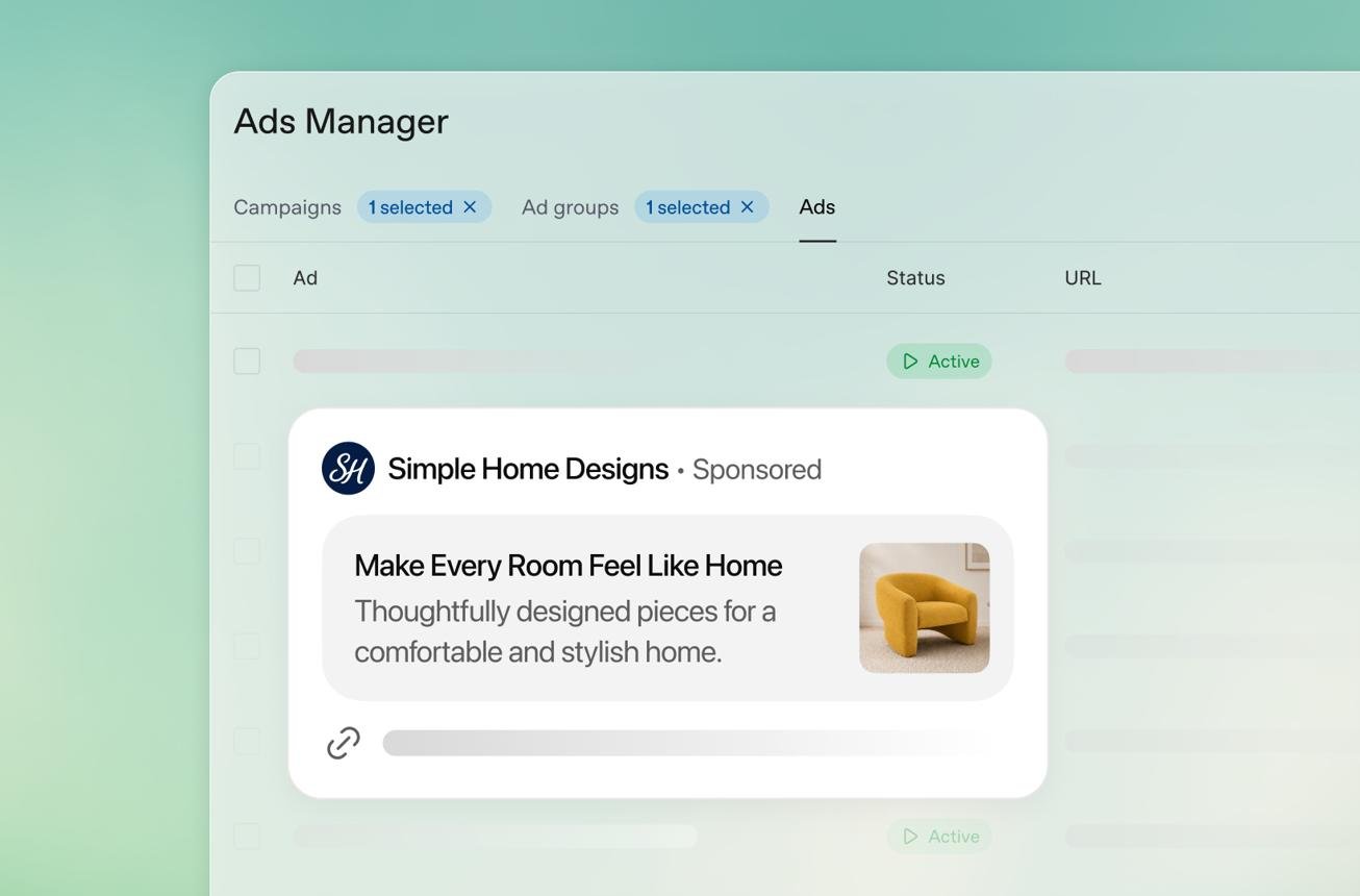 ChatGPT Ads Manager showing an active sponsored ad card for Simple Home Designs with headline and product image