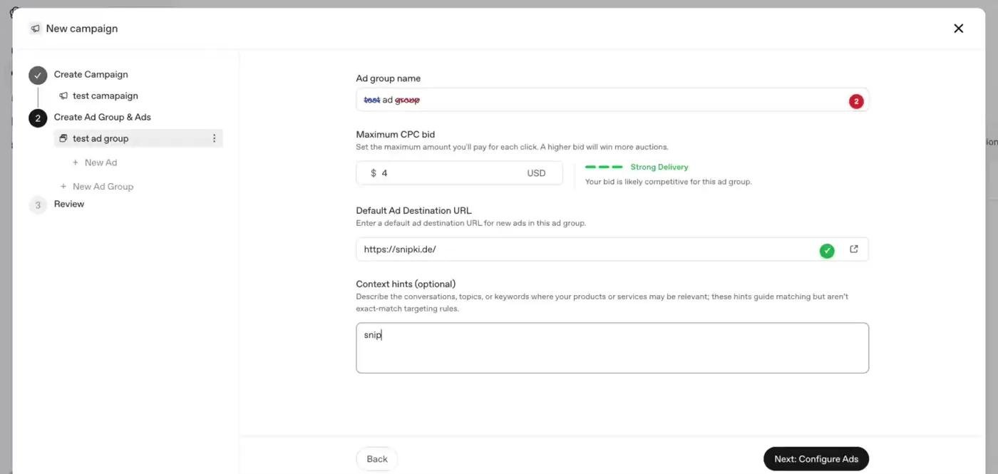 ChatGPT Ads ad group setup showing Maximum CPC bid of $4, destination URL, and context hints field