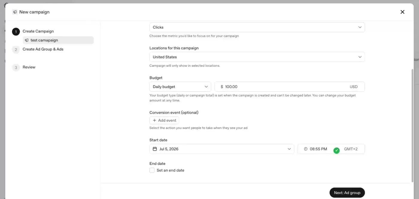 ChatGPT Ads new campaign dialog showing Clicks objective, daily budget $100, location United States and start date