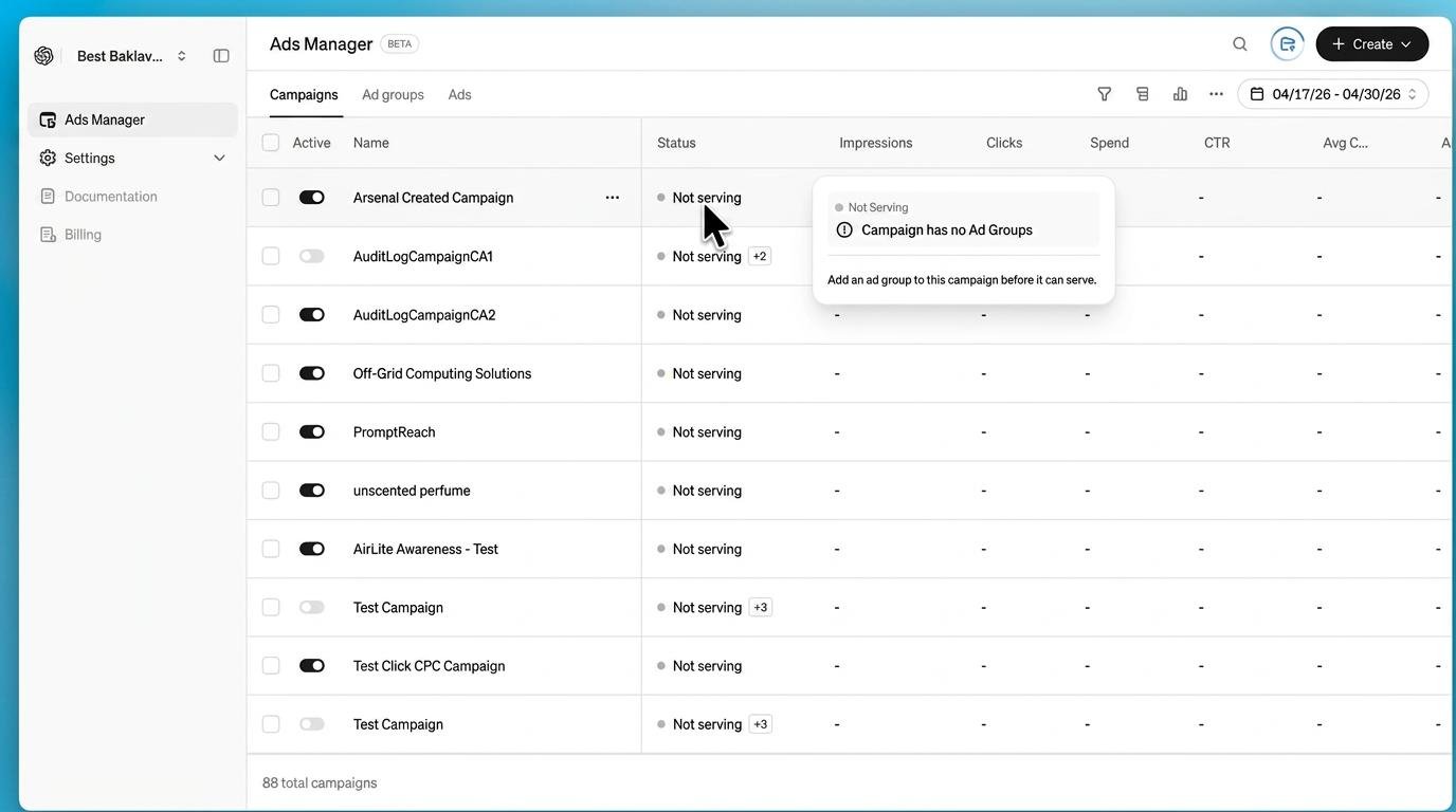 ChatGPT Ads Manager dashboard showing campaign list with impressions, clicks, spend and CTR columns