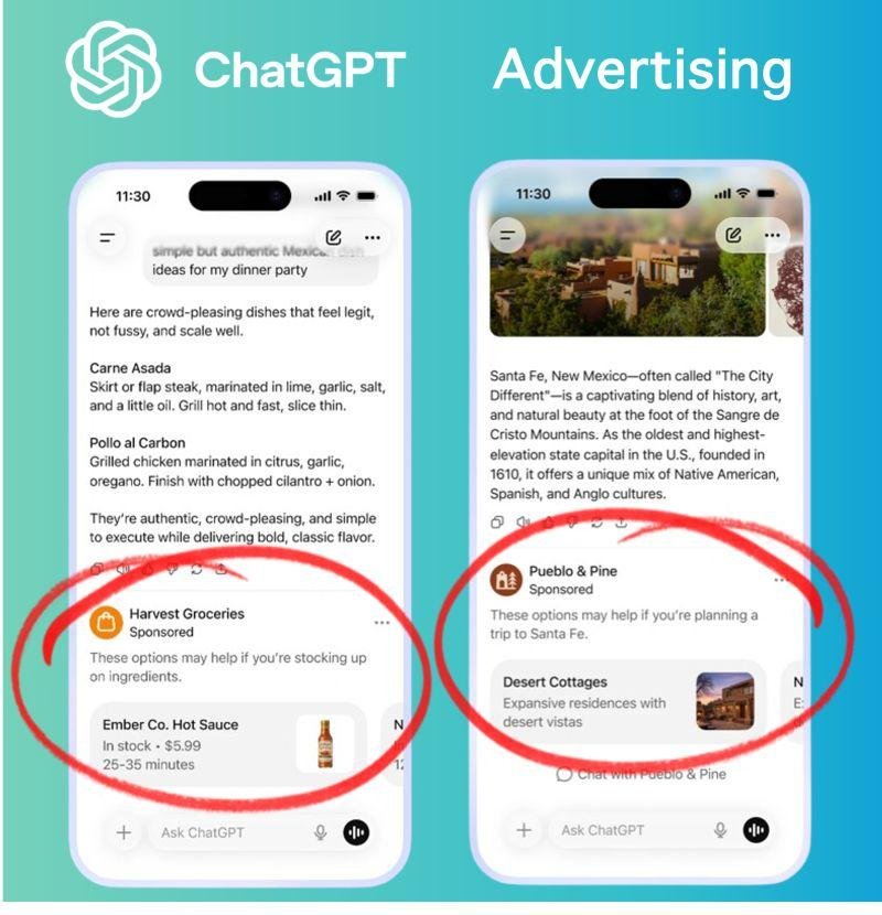 ChatGPT Advertising &mdash; sponsored cards shown below AI responses on mobile