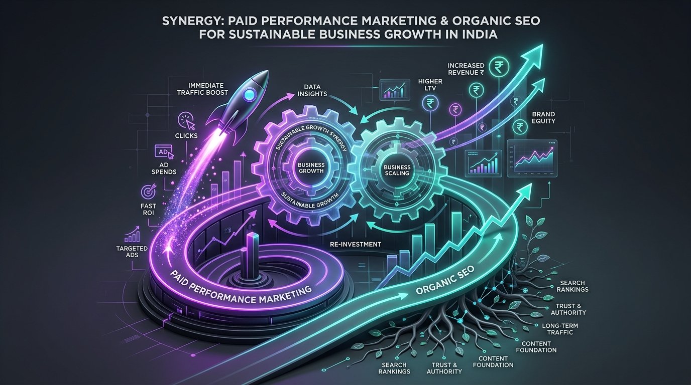 Synergy between paid performance marketing and organic SEO showing compounded revenue growth